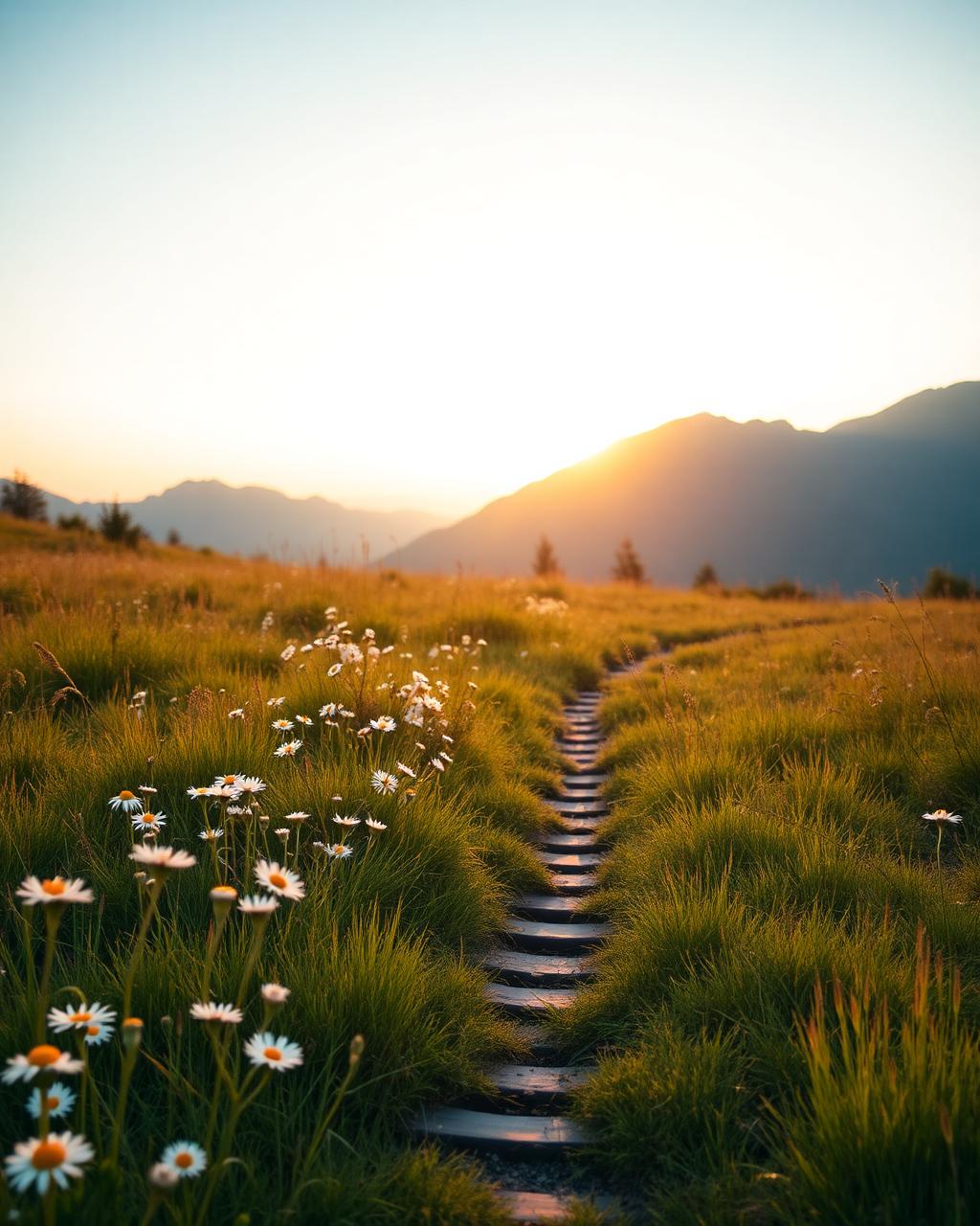 A quiet path through a meadow at golden hour